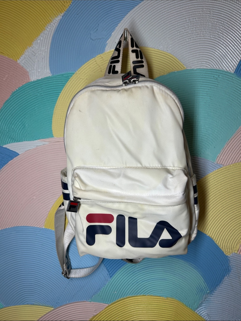 Fila Mini White Backpack with Navy and Red Logo Accents